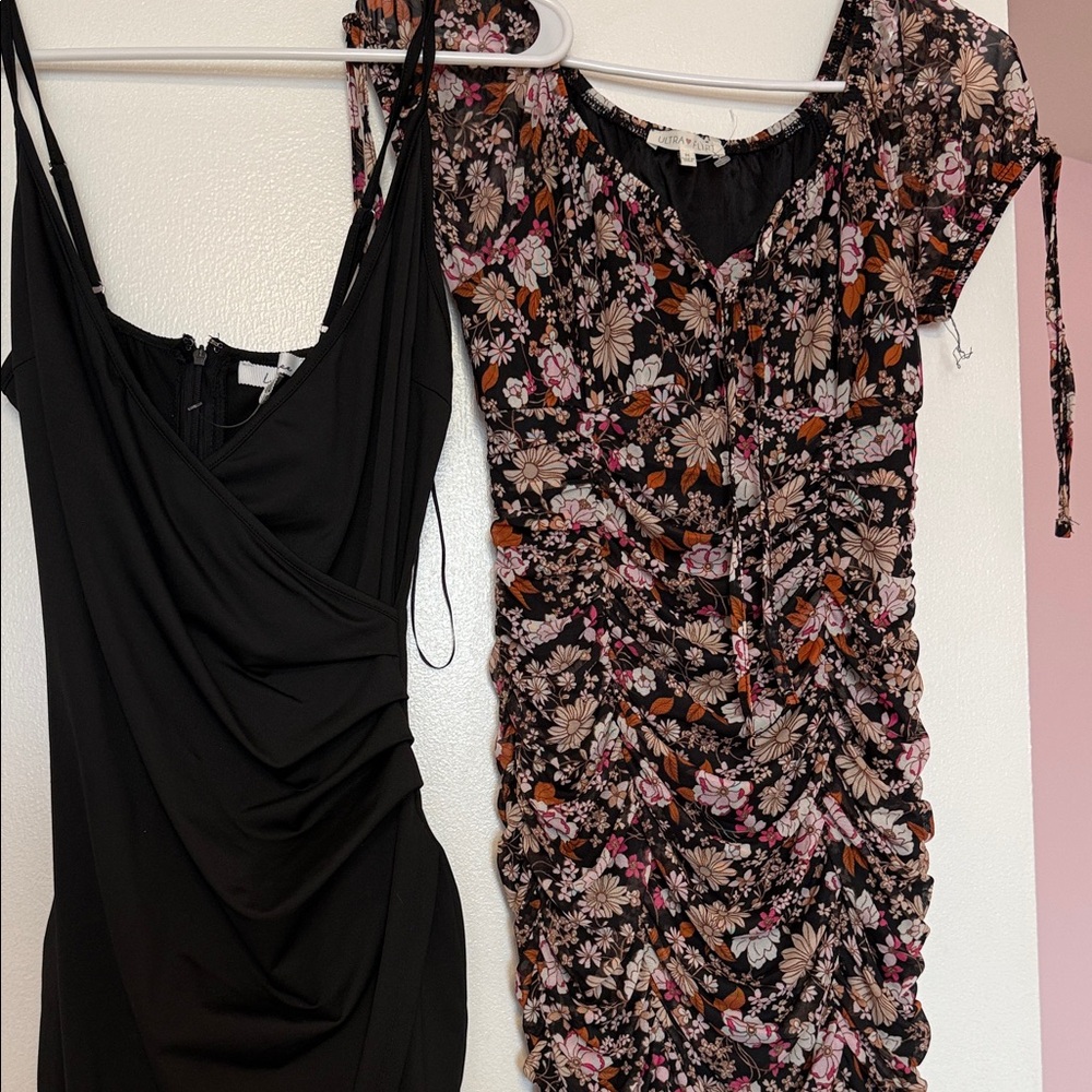 Ruched Floral Mini Dress in Black and Pink